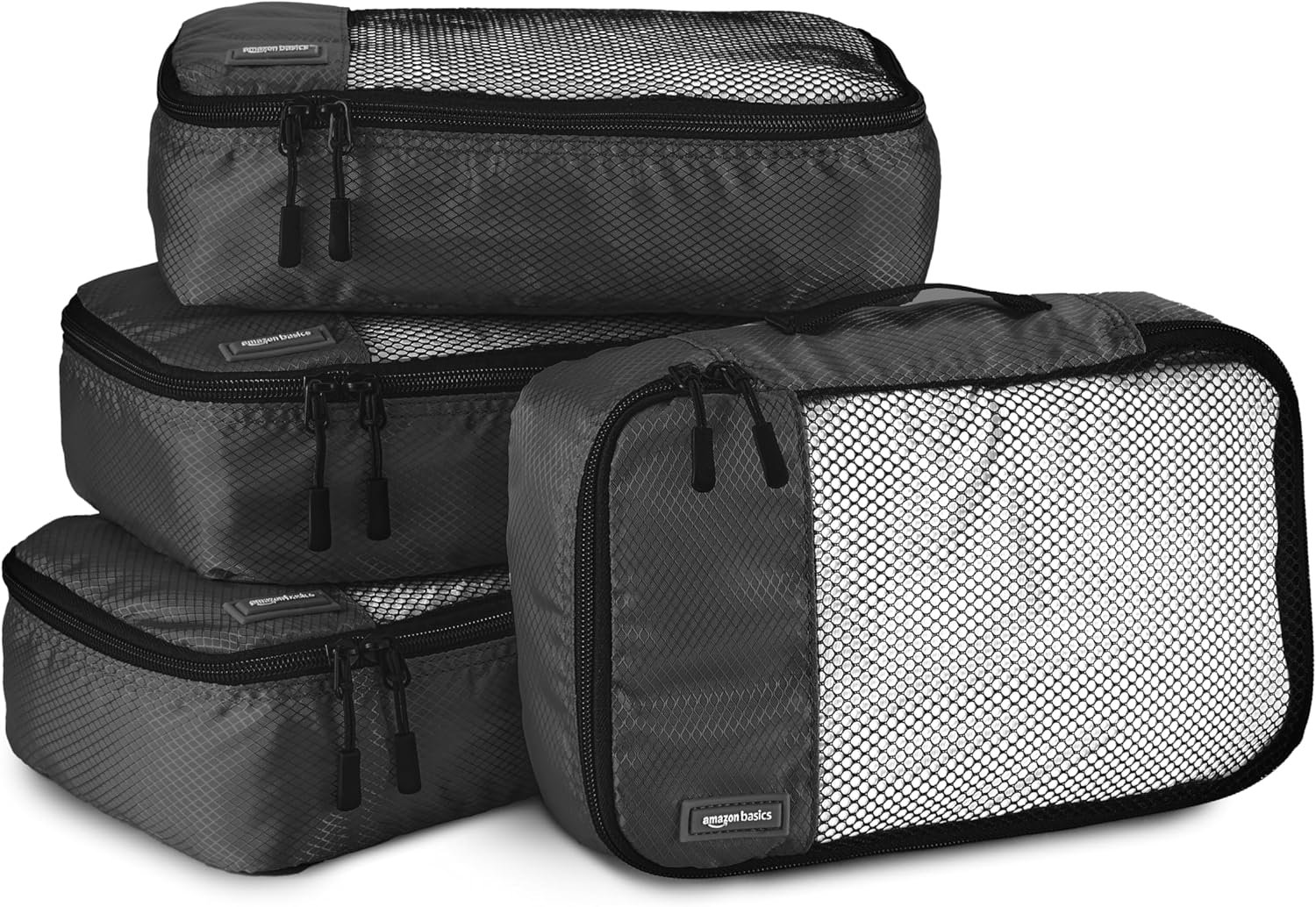 Amazon Basics Lightweight Packing Cubes for Travel, 4 Piece Set With Double Zipper Pulls and Mesh Top Panel, 100% Durable Polyester, Small, Black